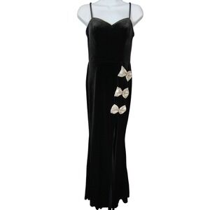 City Vibe Black Velvet Rhinestone Bow Side Slit Maxi Dress Size 3 Romantic